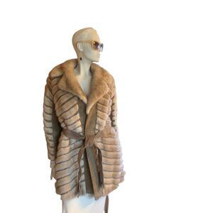 Vintage Tan Striped Real Mink Fur Belted Mob Wife Lux Mid Length Winter Coat